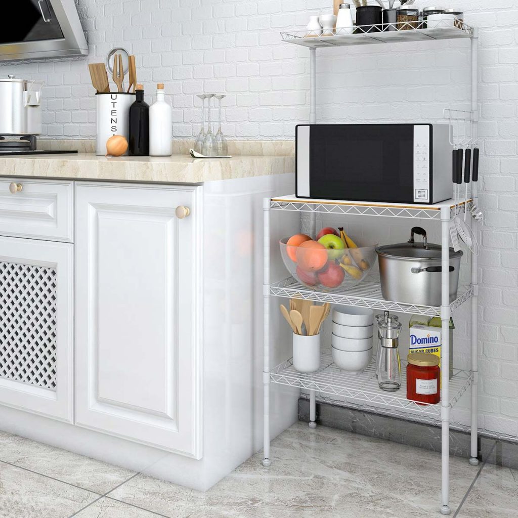 a 4 rack microwave stand with storage in a kitchen setting
